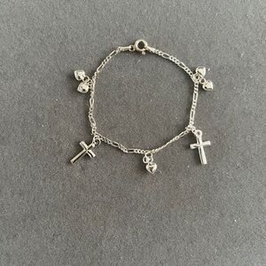 Child’s Multi Dangling .925 Silver Charm Bracelet with Cross and Heart Charms